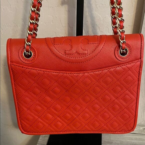 Tory Burch Fleming Quilted Leather Chain Red Orange Shoulder Purse Bag Boho - Picture 4 of 16
